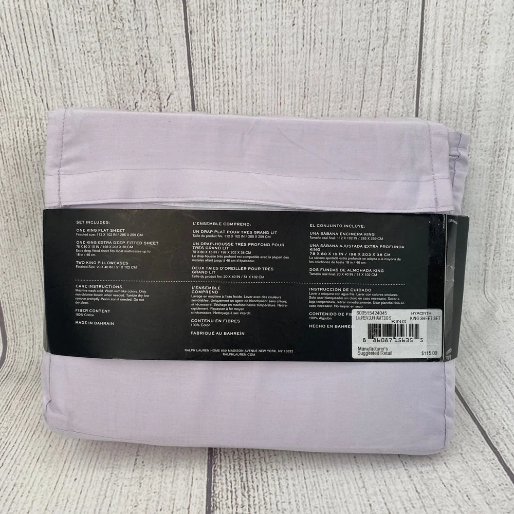 Lauren Ralph Lauren Sheet Set King Hyacinth Purple Dunham Sateen 300TC Crisp